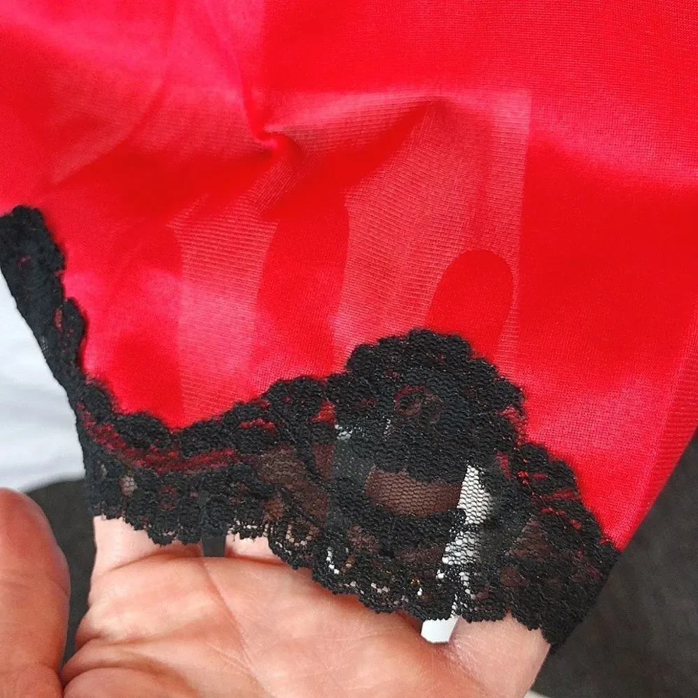 VTG 60s USA Red Black Nylon Scoop Neck Babydoll Lingerie Slip Small RARE - Picture 8 of 16